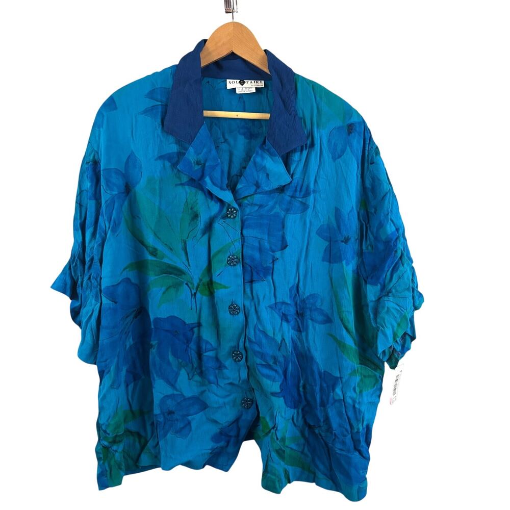 VTG‎ Solitaire Womens Blue Green Floral Button Down Shirt Rayon Short Sleeve 22W